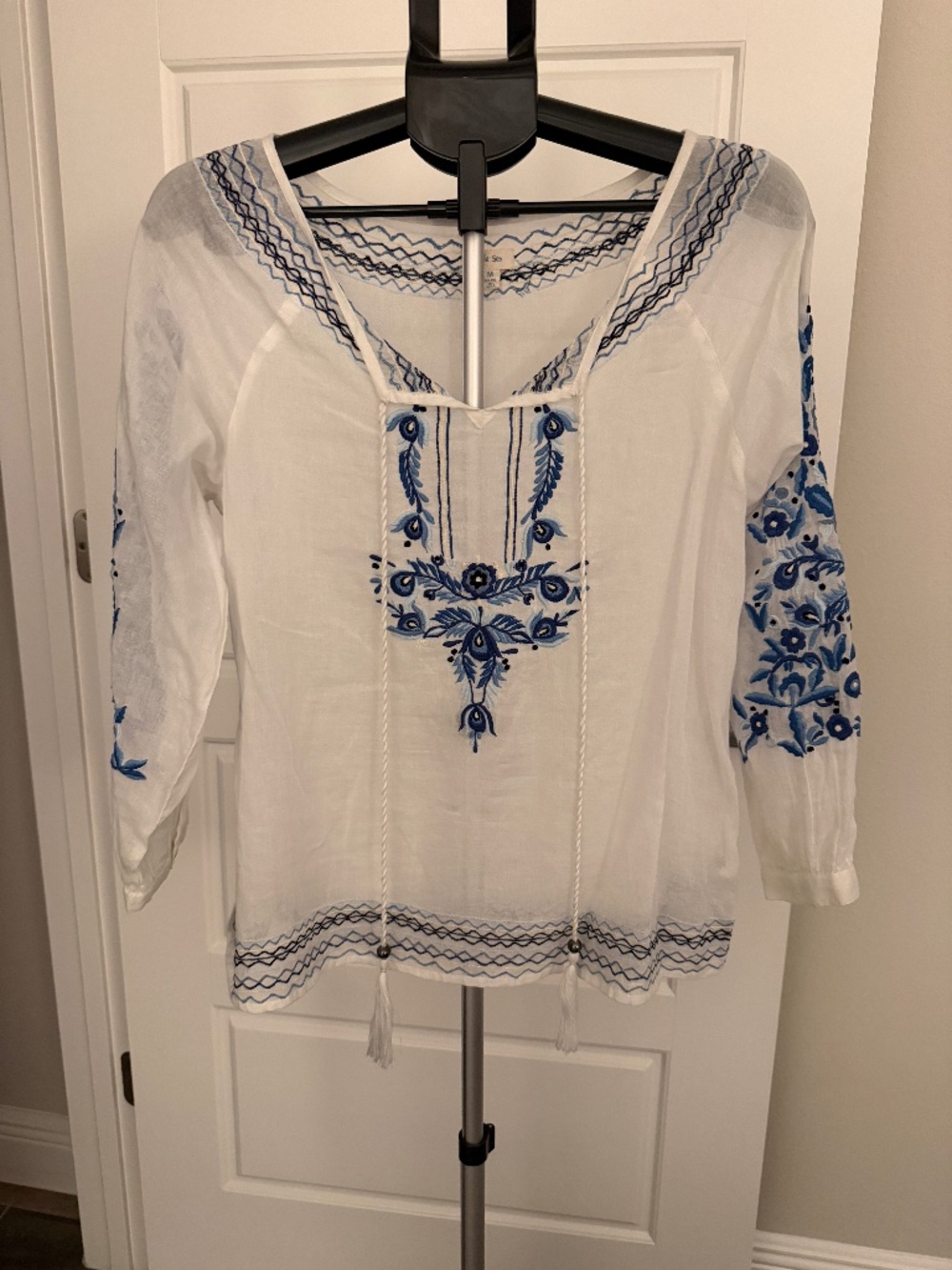 Kyla Seo White And Blue Embroidered Boho Peasant Blouse